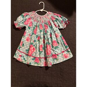 Addie Renee Smocked Girls Dress Size 6 Light Blue Pink Rose Floral